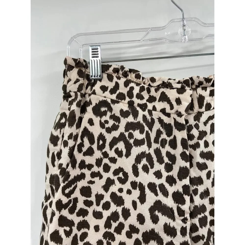 J. Crew Linen Blend Leopard Animal‎ Print Ruffled Paperbag Waist Crop Pants Sz 8